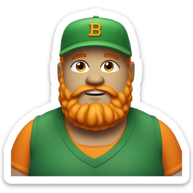 fat man with orange hair and large beard. Green baseball cap and confident. smug expression with a slight smirk and half-closed eyes. sticker