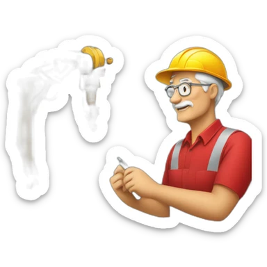 Industrial professional senior mechanical assembler working on the assembly of heavy machinery with a red outfit sticker