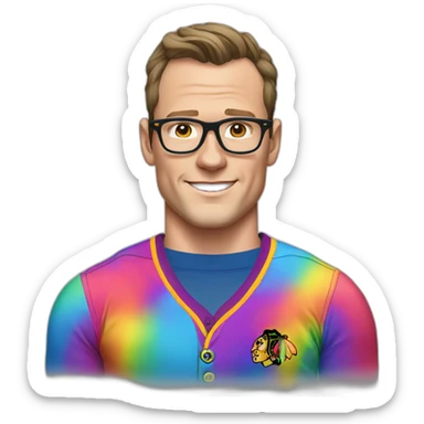 Jonathan Toews wearing glasses and rainbow clothes sticker