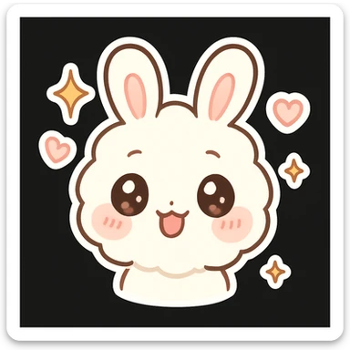 kawaii chibi-style bunny emoji with a round fluffy face, sparkly eyes, blushing cheeks, pastel color palette, sparkles and hearts, soft rounded design, anime-style, vector art, black background sticker