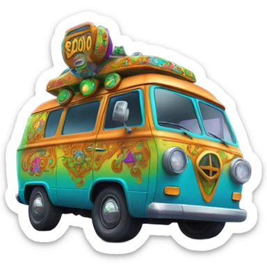 A vibrant semi-realistic depiction of the Scooby-Doo Mystery Machine van with glowing headlights and playful psychedelic patterns. sticker