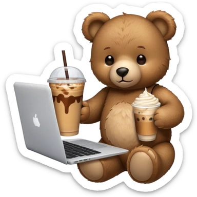 A teddy bear holding an iced coffee and using a laptop. sticker