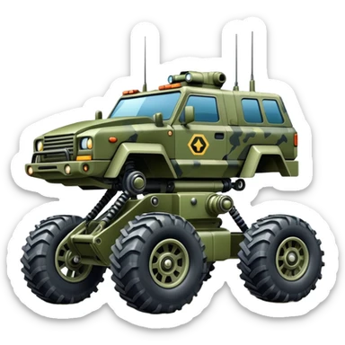 a 4-wheel camouflage army massive mech trail vehicle shooting forward side-hill actively suspended pod enemy mech off-road racing rover with large fast engine  sticker