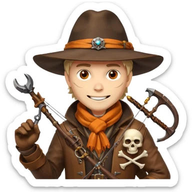 male human monster hunter emoji, wearing brown leather coat and wide hat, holding crossbow or rifle, with amulet shaped like skull, Halloween fantasy theme, confident smile, orange scarf, Apple emoji style, clean white background, square image sticker