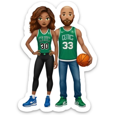 48 yr old black woman with Brown eyes, long dark brown balayage hair dressed in sexy 
celtics jersey costume outfit and stilettos with bald white man with Ginger orange facial hair & beard, with Blue eyes, wearing Jason Tatum Boston Celtics Jersey, jeans & matching Nike sneakers  sticker