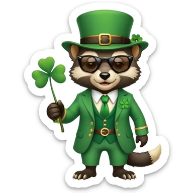 friendly anthropomorphised honey badger in a classic leprechaun suit with shamrock accessories, wearing sunglasses, St. Patrick's Day sticker