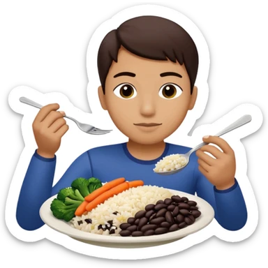 Create a person having lunch. Not a sandwich. Rice, beans, vegetables and chicken. sticker