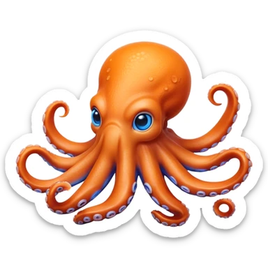 Cinematic Realistic Cute Octopus Portrait Emoji, Head tilted playfully and inquisitively, featuring a gracefully curving, compact body in vibrant orange adorned with delicate blue rings, and a charming, expressive face with round, sparkling eyes full of curious wonder; rendered with lifelike detail and soft natural highlights, high shine, affectionate and enchanting, styled with a touch of whimsical ocean magic, soft glowing outline, capturing the essence of a mischievous yet lovable octopus that seems poised to slither playfully into your arms! sticker