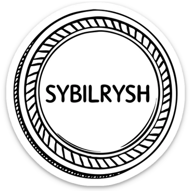 A gold textured coin with the text "SYBILRYSH" inscribed in the center. The coin has a rim with detailed gold grain pattern and metallic shine. sticker
