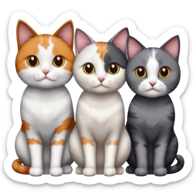 4 different coloured short haired cats including; a dark brown and white cat, and a dark grey and white, and a calico sticker