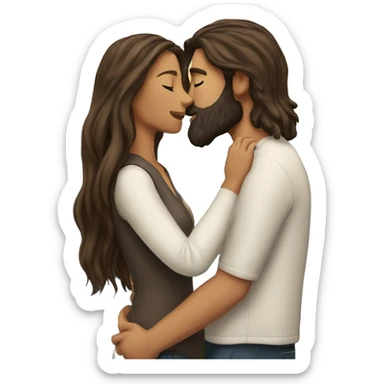 A couple in love, he with a beard, she with long hair, the brunettes are white, they kiss against the background of the mountains sticker