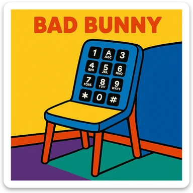 album cover featuring a stylized chair with DTMF touch-tone phone buttons, inspired by Bad Bunny, vibrant toon style sticker