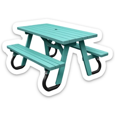 rectangular picnic table with benches, soft teal color, straight vertical legs, wheels underneath, flat wood-style silhouette, clean geometry, minimal shading, theatrical prop sticker