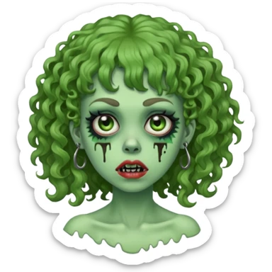 green zombie woman with curly hair, bangs, and a septum piercing. like iPhone emoji sticker