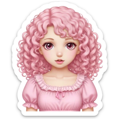 Pale girl, Curly hair with colour pink soft, with gyaru pink dress, make up baby doll sticker