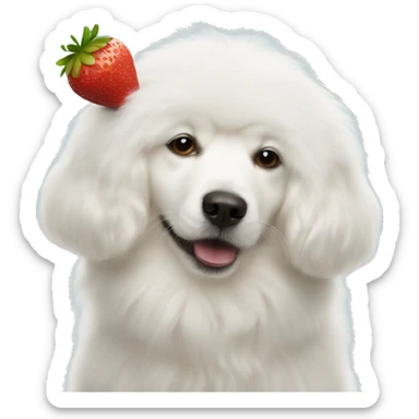 Fluffy white dog with strawberry on its head kissing another fluffy white dog  sticker