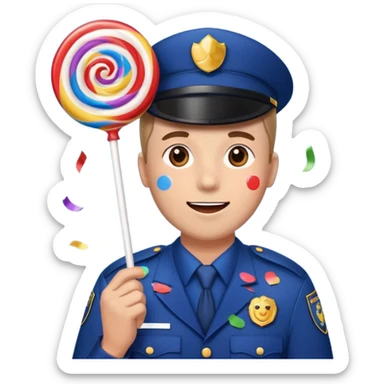 security guard head, birthday confetti, holding a large lollipop, happy sticker