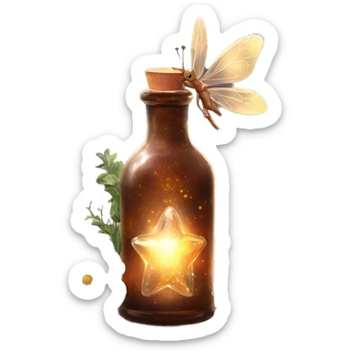 Brown magic fairy light sparkling old Antique bottle with poison and with herbal and flowers sticker