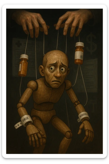 a marionette puppet with hospital bracelets and medication bottles as strings is controlled by unseen hands from above. The puppet’s face shows confusion and fatigue, representing the feeling of being managed by an invisible system. The background is dark, with faint images of medical charts and dollar signs. in italiano sticker
