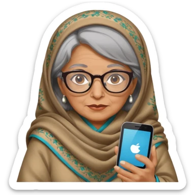 persian old woman Persian shawl with smartphone and glasses, half body sticker
