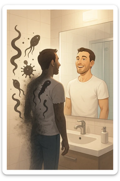 a man stands in a brightly lit bathroom, looking relieved and revitalized as he examines his reflection in the mirror. In the foreground, stylized, shadowy images of parasites (such as worms or protozoa) are shown leaving his body, dissolving into mist or fading away. His posture is upright and his expression is one of newfound energy and health. sticker