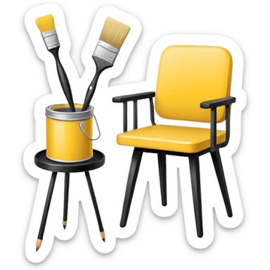Minimalistic flat vector icon, iOS style, thin black contour on white background. A simple chair colored yellow, next to it a paintbrush and a small paint can. No text, no shadows.
 sticker