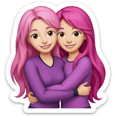 Surprisingly goofy once they open up. Strong, loyal, and incredibly supportive — but still hates wasting time. one woman long pink hair hugging another woman with dark hair sticker