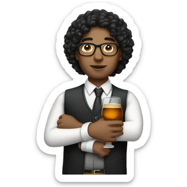 A white teacher with black curly hair drinking whiskey from the bottle sticker