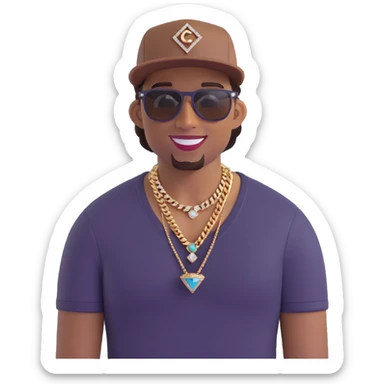 brown-skinned man with a backwards fitted New Era hat, wearing a Cuban diamond necklace, smiling with diamond grills, and wearing stylish sunglasses sticker