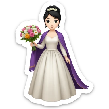 Chica blanca,cuerpo entero, vestido boda ,manga larga ,con estola, pelo negro,    ramo de flores una mano, pelo recogido en moño alto sticker