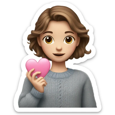 A girl with brown hair and blue eyes in a gray sweater holds a pink heart in her hands sticker