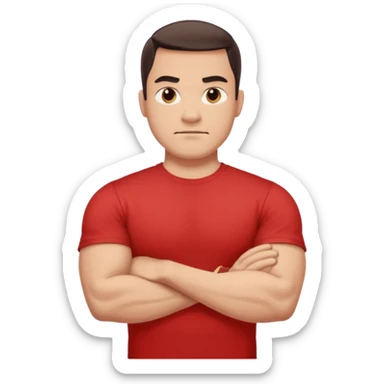 apple stylized emoji of a strong man, his arms crossed, white bg, he's in a red tee shirt sticker