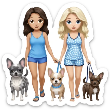2 pretty women in beach clothes, one hazel eyed light skin with dark brown wavy long hair, walking a blue and gray spotted Merle Frenchie the other blue eyed light skin long blonde hair walking a black chihuahua  sticker