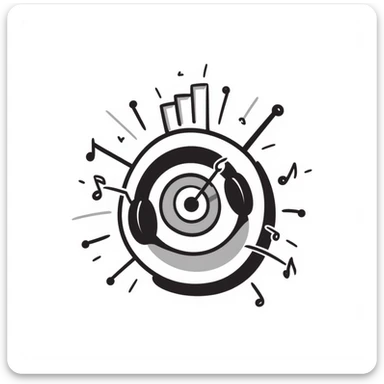 square emoji symbol of a symmetrical target with musical marketing details including headphones, musical notes, bar chart, doodle style, for online course cover sticker