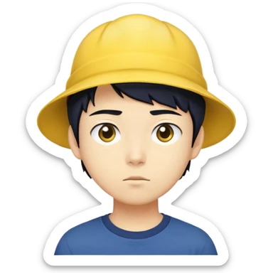 nam 20 tuổi, da vàng, tóc ngắn màu đen, đội mũ màu vàng, mặt nghiêm túc, áo xanh đậm, nửa thân trên sticker