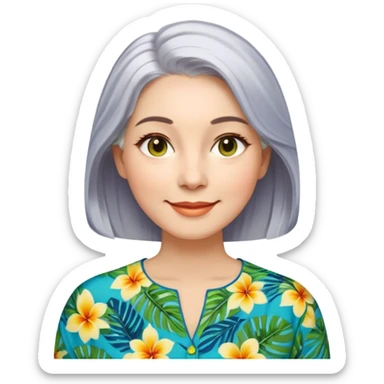 A woman with light complexion, an oval face with soft rounded features, full cheeks, gentle almond-shaped eyes with subtle smile lines, silver-gray hair parted to the side and styled loosely, wearing a vibrant tropical print blouse in blue, green, and yellow, exuding warmth and joy. sticker