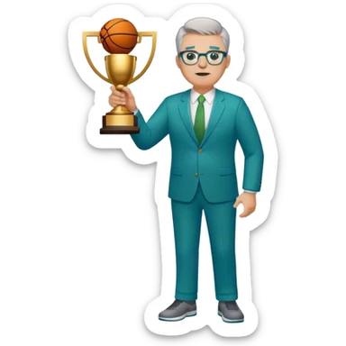 full body plus size white male basketball coach with short light brown mixed with gray hair color wearing glasses wearing blue and green suit holding a trophy sticker