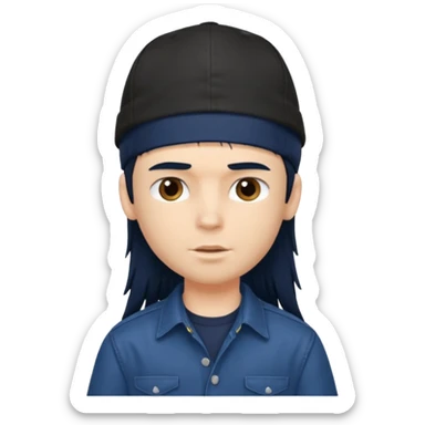 generate a pretty bratz boy wearing a dark blue button up shirt, long black mullet hair. 

Dark blue cap on head sticker
