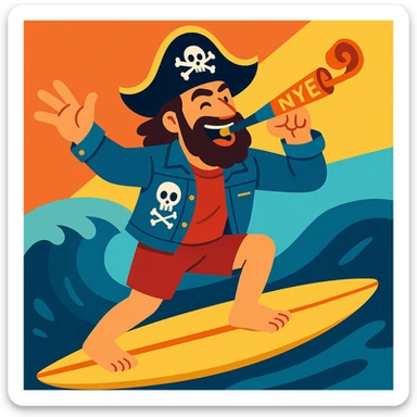 adult male surfer, pirate hat, denim jacket with skull patch, NYE noisemaker, dynamic pose, modern illustration sticker
