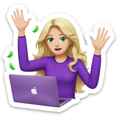lady with long wavy blonde hair, purple top, green eyes, throwing her with a purple mac laptop hands in the air crying sticker