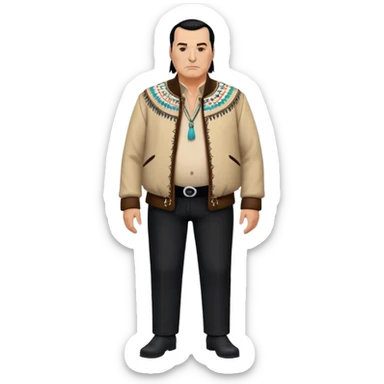 unhealthy steven segal standing render-entire-body balding with ponytail. pot belly.  visible-legs native american style jacket-with-tassles black pants big belly sticker