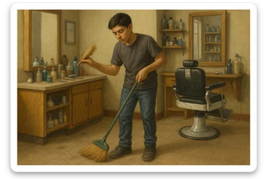 sartaroshxonani tozalayotgan o'smirin bola juda  yosh ham emas katta ham supir sudir qilaytgani narsalarni tozalayotgani  
 sticker