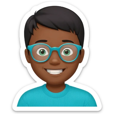 Chico de 7 años, pelo negro y repeinado, piel oscurita, gafas rectangulares azules, sonriente sin 1 diente, jersey verde turquesa y ojos rasgados, no redondeados sticker