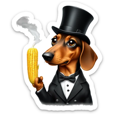 Daschund in a tuxedo smoking a corn cob pipe, with a monacle on one eye wearing a tophat sticker