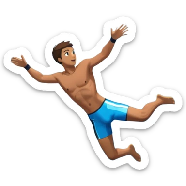 A diver mid-air, plunging from a high cliff into the sparkling ocean below. The background features rugged cliffs, clear blue water, and a bright sky, emphasizing the excitement and danger of the sport with a sense of freedom and adventure. sticker