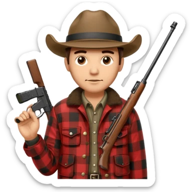 Man wearing buffalo plaid jacket and hat, with rifle sticker