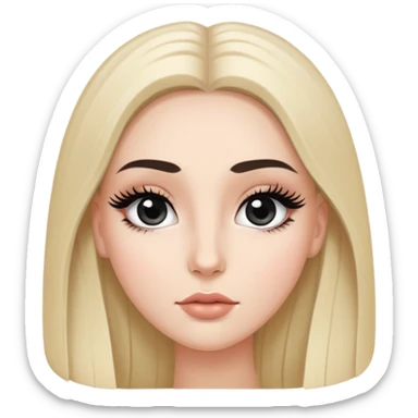 White girl with long oval face, huge round black eyes, big eyelashes, no makeup, natural lips, long straight black middle-parted hair sticker