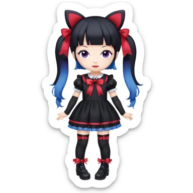 Chibi kawaii Kuromi, violet eyes, black-blue twin tails, red ribbons, red beanie, black & white lolita dress with red accents, white thigh-highs, black mary janes, cute aesthetic. sticker