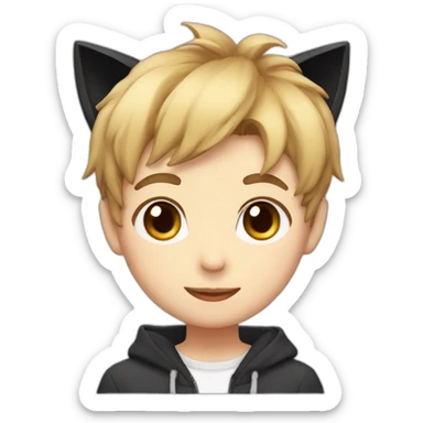 Japanese boy, with black cat ears and a cute hair style sticker