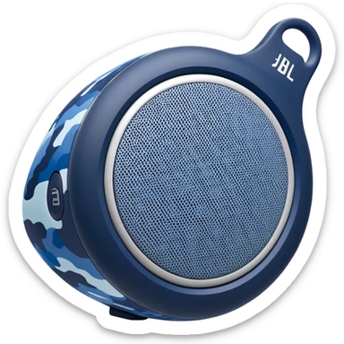 Abstract minimalist JBL Clip 4 speaker with blue and navy camouflage pattern, iOS emoji style sticker